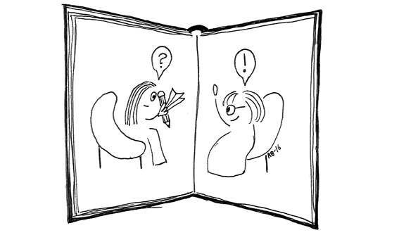 Två tecknade figurer på varsin sida i en bok. Frågetecken respektive utropstecken ovanför deras huvuden.