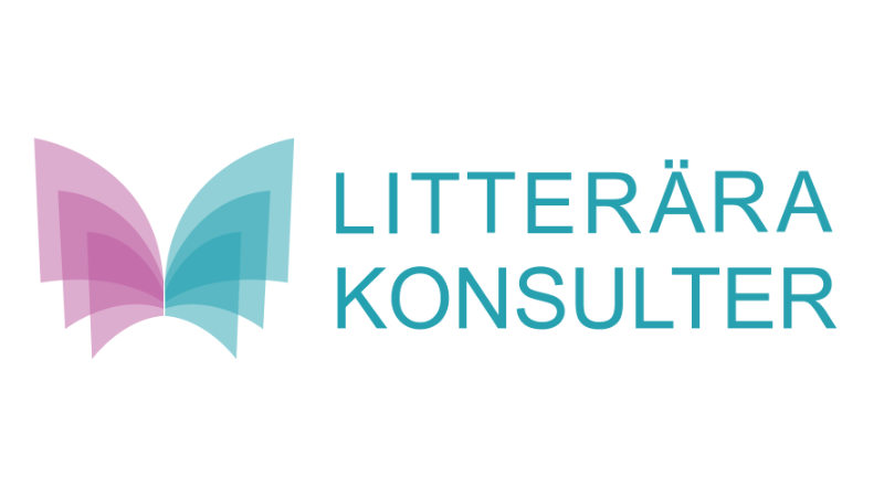 Logga med en stiliserad bok som också kan ses som en fjäril till vänster. Rosa och turkos. Till höger texten litterära konsulter i turkos.