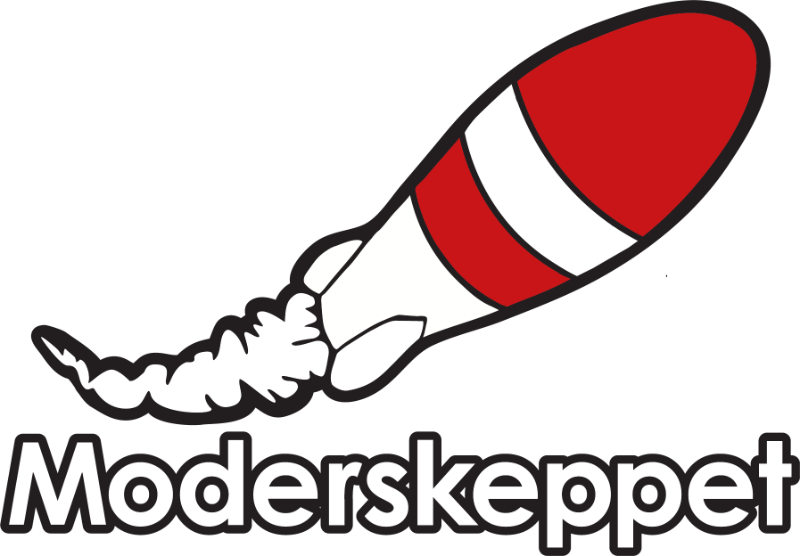 Moderskeppets logotyp i form av tecknad rödvit raket.