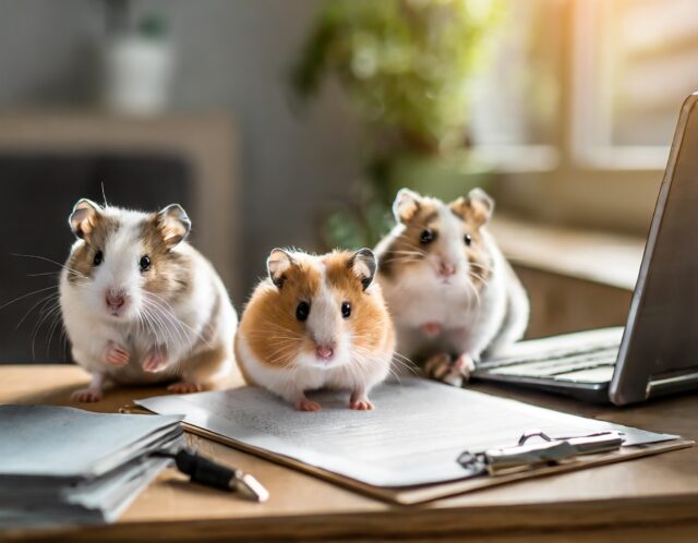 Tre hamstrar pa ett skrivbord med papper och dator.