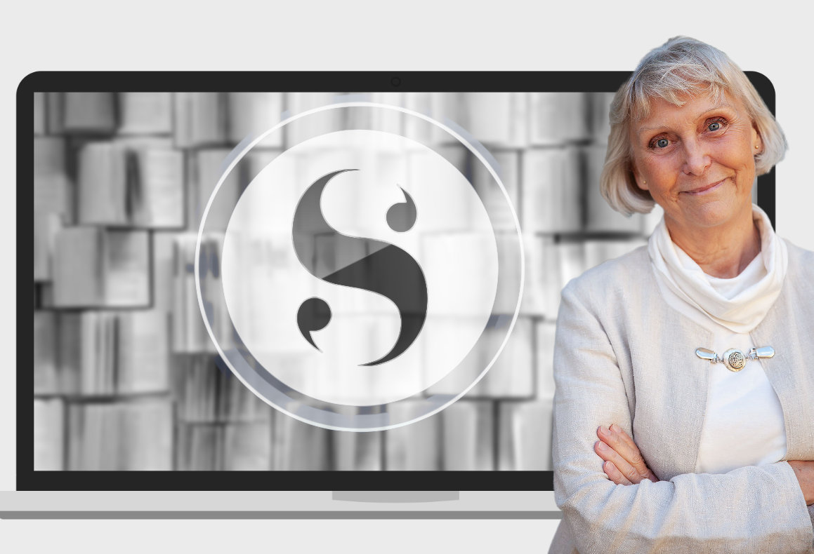 Eva till höger i halvbild med en bakgrund av datorskärm och Scriveners logotype.